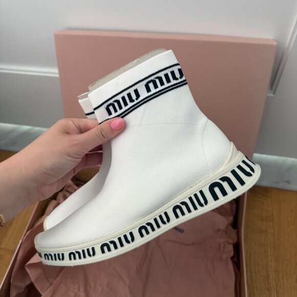 NWT Miu Miu High Top Sock Sneakers White Knit Logo Pattern Rubber Sole - Picture 8 of 11